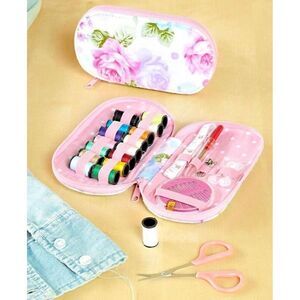 Sewing Kit Pink Rose Zippered Pouch Shears Thread Buttons Safety Pin Floral NEW